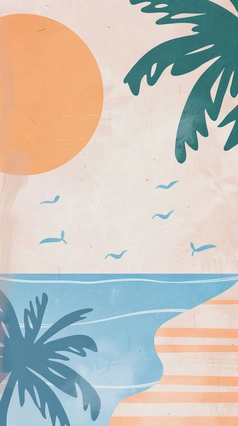 Summer Aesthetic Illustration, Beach Illustration Wallpaper, Summer Animation, Seaside Illustration, Wallpaper Animation, Preppy Wallpapers, Wallpaper Summer, Illustration Wallpaper, Beach Illustration