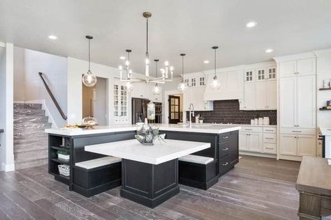 Kitchen center island with built in booth Kitchen Island With Booth Seating, Kitchen Booth Ideas, Kitchen Island Booth, Unique Kitchen Island Ideas, Unique Kitchen Island, Kitchen Booth, Kitchen Island Dining Table, Kitchen Island Table, Kitchen Island Ideas