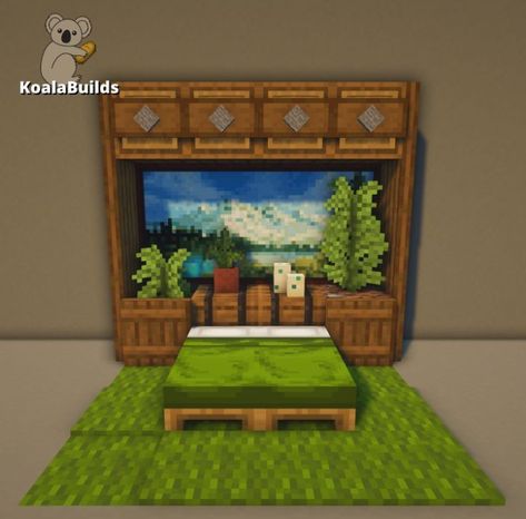 Minecraft Bed Inspiration, Nature Bedroom Minecraft, Minecraft Green Bedroom Ideas, Minecraft Bedroom No Mods, Mc Bed Designs, Minecraft Bedroom Designs In Game, Cool Minecraft Beds, Carpet Ideas Minecraft, Minecraft Building Ideas Room