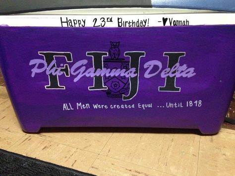 Cooler Frat Fiji Phi Gamma Delta: Love the crest/nickname/lettering on this Frat Cooler Letters, Fiji Frat Coolers Ideas, Fiji Cooler Fraternity, Fiji Frat Cooler, Fiji Frat, Fiji Fraternity, Fiji Cooler, Painted Fraternity Coolers, Formal Coolers