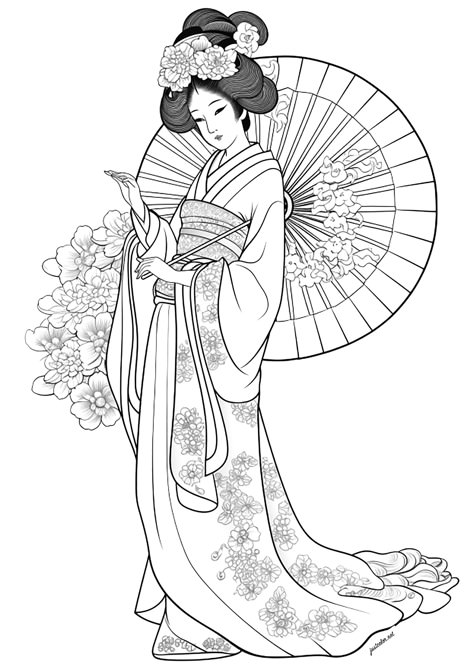 Japanese Skull Art, Geisha Coloring Pages, Coloring Pages Japanese, Japan Coloring Pages, Japanese Geisha Drawing, Geisha Drawing, Beautiful Geisha, Art Geisha, Pop Art Tattoos