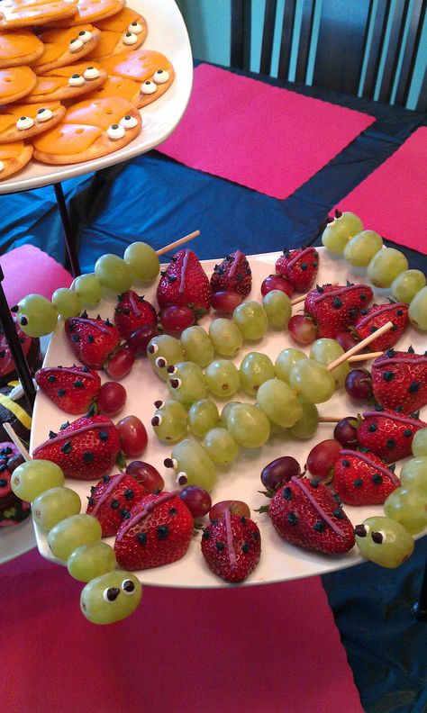 Lady bug strawberries, caterpillar grapes Bug Dessert Ideas, Ladybug Strawberries, Caterpillar Grapes, Ladybug Food, Bug Party, Healthy Valentines, Ladybug Birthday Party, Wild Kratts, Ladybug Birthday