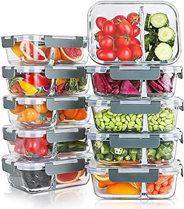 KOMUEE 10 Packs 30oz Glass Meal Prep Containers 2 Compartments,Glass Food Storage Containers with Lids,Airtight Glass Lunch Bento Boxes,BPA Free,Oven,Freezer and Dishwasher Safe