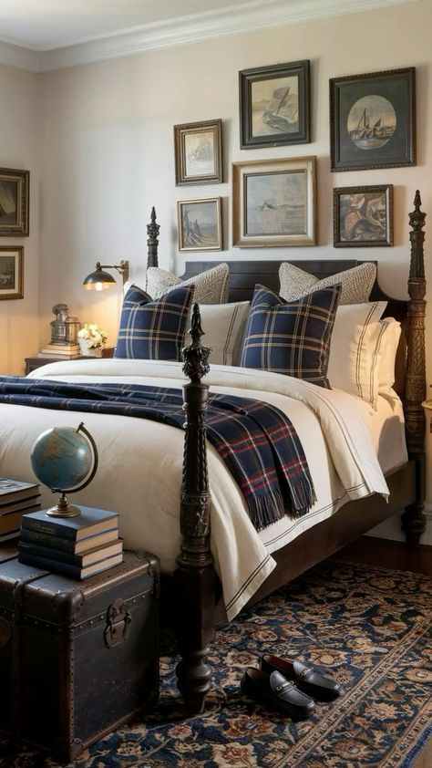 Grandmillenial Bed, Vintage Ralph Lauren Bedding, Harry Potter Vibe Room, Colonial Guest Bedroom, Ralph Lauren Inspired Boys Bedroom, Vintage Theme Bedroom, Moody Dorm Room, Plaid Bedding Ideas, Ralph Lauren Room Aesthetic