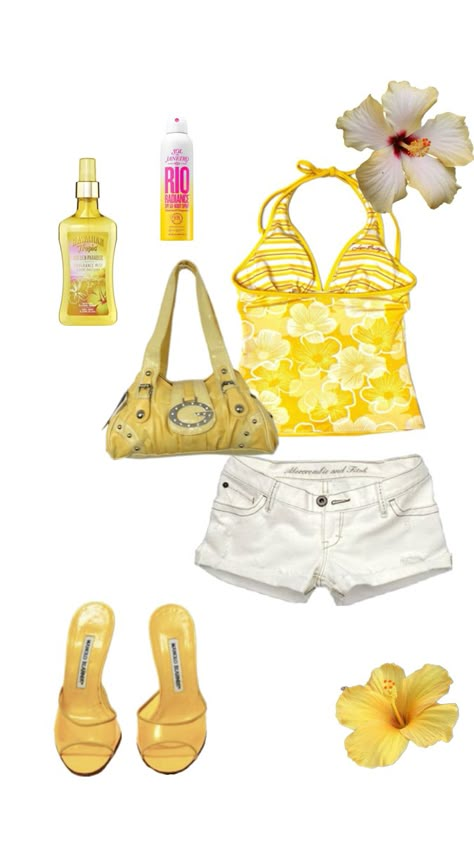 2000 Beach Outfit, Shojo Beach Outfit, Summer Outfit Tropical, Y2k Yellow Outfit, Key West Kitten Aesthetic Outfits, Tropical Outfits Aesthetic, Tropical Outfit Aesthetic, Key West Kitten Outfits, Beach Core Outfits