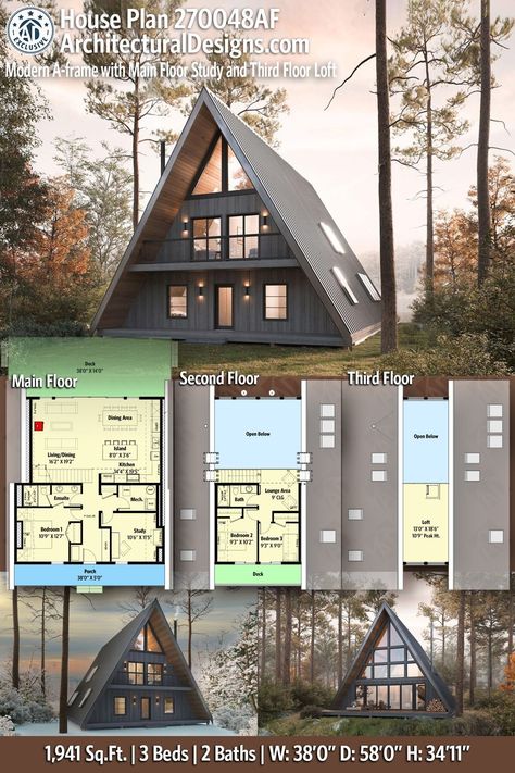 Modern A-Frame House Plan 270048AF gives you just under 2000 Sq Ft with 3 beds and 2 baths.. #tinyhouseplans #smallhomedesign #minimalistliving Frame House Plans, Rustic Remodel, Modern Victorian Style, Modern A Frame, A Frame Cabin Plans, Loft Plan, A Frame Cabins, Cabin Floor, A Frame House Plans