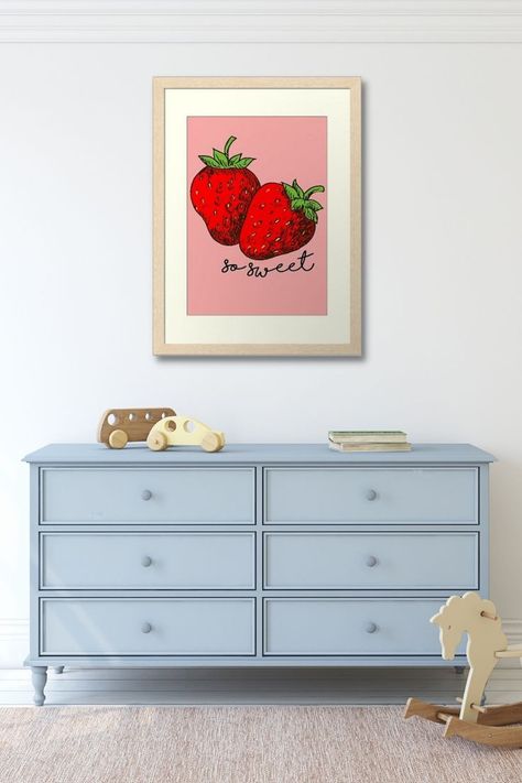 Strawberry Toddler Room, Food Themed Nursery, Strawberry Nursery, Red Nursery, Cute Wall Decor, Yellow Room, Strawberry Pattern, Green Nursery