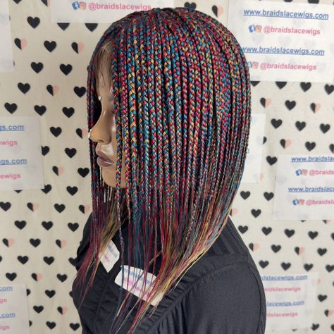 Multi Colored Box Braids Wig. To order, go to the link 👉 www.braidslacewigs.com . . . . . . . . . . . . . . . . . . . . #boxbraids #boxbraidwig #boxbraidstyles #boxbraidscolors #braidedwigs #braidedwig #braidwigs #multicolorhair #colorfulbraids #curlybraids #lacefrontwig #wigsforsale #blackownedbusiness #frontalwig #lacewig #wigmaker #wigsforblackwomen #bestbraids #closurewig #ombrebraids #bestbraider #purplebraids #frontalwig #mixedhairstyles #blackgirlmagic #braidgang #hairnbeautydirectory... Multi Colored Box Braids, Colored Box Braids, Purple Braids, Curly Braids, Multi Colored Hair, Box Braid Wig, Braided Wigs, Mixed Hair, Box Braids Styling