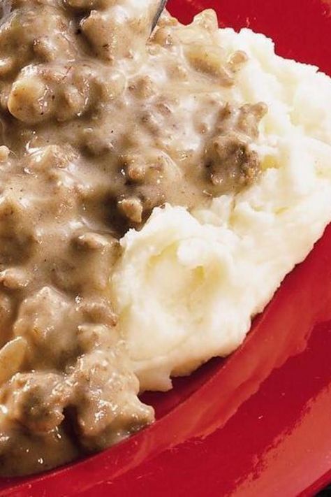 School House Hamburger Gravy Mashed Potatoes Ideas, Ground Beef Mashed Potatoes, Recipes Hamburger Meat, Beef Mashed Potatoes, Potatoes Ideas, Hamburger Gravy Recipe, Recipes Hamburger, Hamburger Gravy, Trendy Recipes