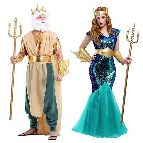 Poseidon Costume, Rei Cosplay, Adult Mermaid Costume, Sweat Couple, Queen Mermaid, Mermaid Outfits, Pharaoh Costume, Egyptian Clothing, Mermaid Halloween Costumes