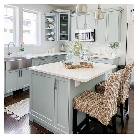 Blue Gray Kitchen, Boothbay Gray, Blue Gray Kitchen Cabinets, Kitchen Cabinet Paint, Kitchen Cabinets Color Combination, Grey Blue Kitchen, Blue Gray Paint Colors, Kitchen 2024, Grey Kitchen Island