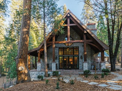 ... Designed by Yosemite Drafting & Design, this stone cottage in the woods was inspired by ... Timber Frame House, Stone And Wood, Cabin Exterior, Rustic Home Design, Cottage In The Woods, Timber Frame Homes, Timber House, Stone Cottage, Tiny House Cabin