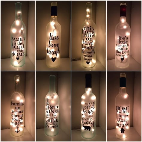 Wine Lights Bottle, Sayings For Wine Bottles, Quotes On Glass Bottles, Bottle Quotes Art, Lighted Bottles Diy Craft Ideas, Diy Wine Bottle Decor For Wedding, Bottle Lights Ideas Diy Projects, Light Bottles Ideas, Glass Bottles Art With Lights