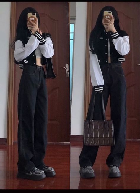 Two Tone Outfit Fashion, Uzzlang Outfits Korean Style, Korean Outfits Street Styles Kpop, Baddie Aesthetic Outfit Ideas, Kpop Street Style, K Pop Concert Outfit Ideas, Black Outfit Korean, Aesthetic Clothes For Women, Black And White Outfit Ideas