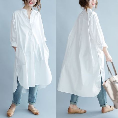 Kain Linen, Long Shirt Women, Oversized Fashion, White Long Sleeve Blouse, Long Shirt Dress, Dress Shirts For Women, Mode Hijab, White Shirt Dress, 가을 패션