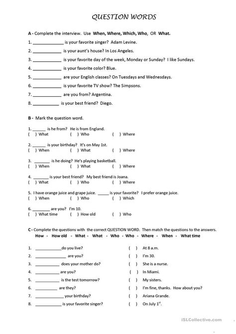 Casita Ideas, Calendar Skills, Question Words, English Grammar Exercises, English Lesson Plans, Alphabet Worksheets Kindergarten, Esl Teaching Resources, Nouns Worksheet, Study Corner