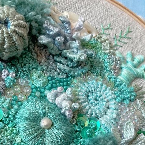 Coral! Bookings via @hobbysewfigtree #embroidery #hoopart #textileart #handstitched #embroideryclass #workshop | Instagram Embroidered Coral Reef, Coral Hand Embroidery, Free Form Embroidery, Coral Embroidery Design, Coral Textiles, Stuffed Embroidery, Matchbox Stuffing, Ocean Textiles, Embroidery Ocean