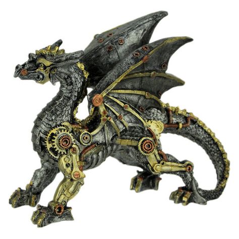 8 inch Long, 6.5 inch High, 3 inch WideCreatively Cast in Resin in Intricately Sculpted Mechanical Dragon DetailHand Painted Distressed Finish in Blackened Silver, Gold and Copper that Gives it a Metal AppearanceAn Incredibly Detailed Piece Packed with Mechanical Steampunk Details that Look Amazing From Any AngleGreat as a Gift Sure to Fire Up the Excitement of any Dragon Lover or Steampunk EnthusiastDragons are powerful mythical beasts, and this steampunk dragon is nothing less than impressive Mechanical Dragon, Steampunk Dragon, Steampunk Owls, Steampunk Fantasy, Mythical Beasts, Skull Statue, Character Statue, Ice Dragon, Fantasy Decor