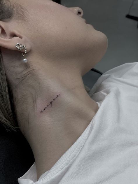 Small Quote Neck Tattoos For Women, Side Neck Word Tattoo, Script On Neck Tattoo, Small Script Neck Tattoo, Dainty Word Neck Tattoos, Enigma Tattoo Word, Small Women Neck Tattoo, Single Needle Neck Tattoo, Small Cursive Neck Tattoo