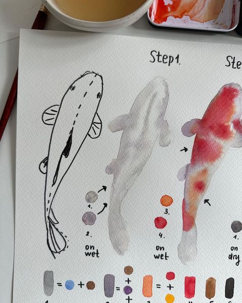 Koi Watercolor Set, Color Water Painting Fish, Easy Paintings With Watercolor, Watercolour Water Painting, Koi Painting Watercolour, Koi Art Painting, Watercolor Koi Fish Tutorial, How To Paint Fish, Koi Fish Watercolor Paintings