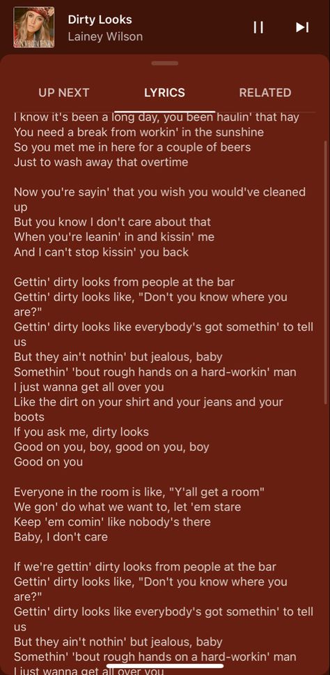 Dirty Looks by Lainey Wilson- Perfect song for my hard workin’ man!! ❤️‍🔥🥵😍💋 Lainey Wilson Song Quotes, Lainey Wilson Lyrics, Perfect Song, Lainey Wilson, Dont You Know, Need A Break, I Don't Care, Bell Bottom, Song Quotes