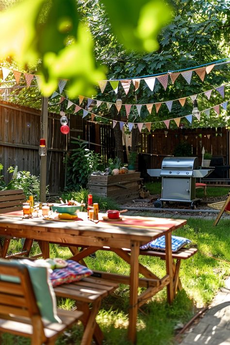 A sunny backyard with a picnic table, chairs, BBQ grill, festive bunting, and hanging lanterns. Perfect setup for a summer gathering. Backyard Bbq Photoshoot, Park Bbq Party, Manifest Proposal, Elegant Bbq Party Decor, Barbecue Birthday Party Ideas, Bbq Theme Birthday Party, Bbq Birthday Party Ideas, Hosting A Bbq Party, Barbecue Party Decorations