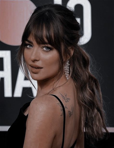 Dakota Johnson Hair Long, Fancy Hair With Bangs, Dakota Johnson Updo, Formal Updo With Bangs, Elegant Hairstyles With Bangs, Wedding Hair With Bangs, Dark Hair Bangs, Bangs And Balayage, Dakota Johnson Bangs