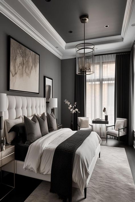 Bedroom with a dramatic black ceiling and grey walls. Grey Room Ideas Bedroom, Ceiling Lighting Ideas, Black And Grey Bedroom, Dark Gray Bedroom, Black Walls Bedroom, Light Gray Bedroom, Grey Bedroom Design, Gray Bedroom Walls, Bold Bedroom