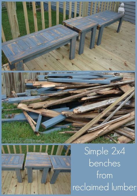 How to build simple 2x4 benches from reclaimed lumber 2x4 Bench, Simple Bench, Simple Benches, Building Things, Reclaimed Wood Projects, Reclaimed Lumber, Wood Scraps, Into The Wood, Repurposed Wood