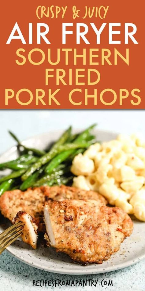 This recipe for Air Fryer Fried Pork Chops and Gravy is easy comfort food! These juicy Southern Fried Pork chops smothered in a delicious cream gravy are satisfying & really easy to make! Great for serving up as a casual weeknight dinners, family Sunday supper & southern tables. You can use Boneless pork chops or bone in chops.  Click through to get this awesome breaded fried pork chops recipe!! #southernfriedporkchops #porkchops #friedporkchopsandgravy #southernrecipes #pork #gravy #comfortfood Southern Style Appetizers, Air Fryer Fried Pork Chops, Fried Pork Chops And Gravy, Southern Fried Pork Chops, Pork Chops Smothered, Air Fry Pork Chops, Fried Pork Chop Recipes, Dinners Family, Pork Gravy