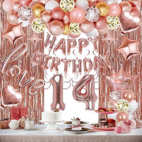 PRICES MAY VARY. Beautiful Rose Gold Birthday Decorations Kit: Includes 39*79in rose gold metallic fringe curtains*2, 32in number foil balloons*2, 51*34in ‘love’ foil balloon*1, ‘happy birthday’ foil balloon*1set, 29.5*27.5 crown balloon*1, 12in confetti balloons (rose gold*6, gold*6), 10in balloons (metallic rose gold*6, metallic gold*6, rose gold*6, white*6), 18in foil balloons*4, 10in star foil balloons*2, hanging swirls*1, balloon tools*1. Nice Choice for Girls’ 14th Birthday Party: Beautifu Gold Happy Birthday Banner, Gold Birthday Party Decorations, Pink And Gold Birthday Party, Pink Gold Birthday, Gold Birthday Decorations, Fringe Curtains, Happy Birthday Foil Balloons, Gold Happy Birthday, Birthday Party Theme Decorations