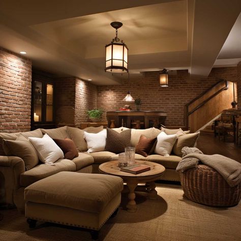 7+ Creative Ideas for Basement Walls to Elevate Your Home Decor • 333+ Images • [ArtFacade] Dark Walls Basement Family Rooms, Basement With Brick Fireplace, Accent Wall For Basement, Basement Paneling Ideas, Beadboard Basement Walls, Cinder Block Basement Wall Ideas, Shiplap Basement Walls, Ideas For Basement Walls, Colors For Basement Walls