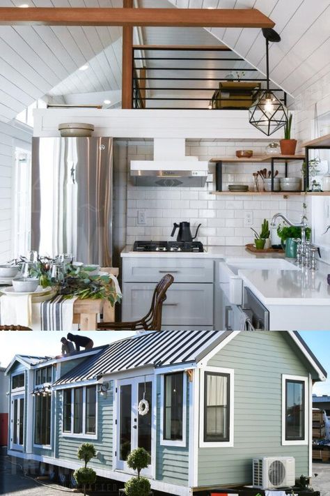 Tiny Home Kitchen Island, Tiny Home Modern Farmhouse, Park Model Loft Decorating Ideas, Tiny Home Kitchen, Apartment Size Refrigerator, Island Dining Table, Backyard Guest Houses, Tiny Farmhouse, Wohne Im Tiny House