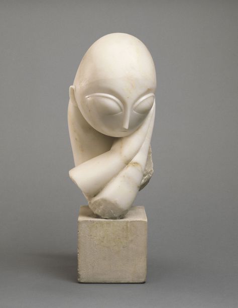 Mademoiselle Pogany I by Constantin Brancusi. A portrait of Margit Pogany (a Hungarian painter whom Brancusi met in Paris). 1912 white marble on a limestone block base. In the collection of The Philadelphia Museum of Art.  I saw this several years back and am adding it now for reference to the Mademoiselle Pogany II portraiture/sculpture from The Norton Museum, W Palm Beach, FL. Atelier Brancusi, Brancusi Sculpture, Constantin Brâncuși, Constantin Brancusi, Istoria Artei, Philadelphia Museums, Centre Pompidou, Action Painting, Philadelphia Museum Of Art