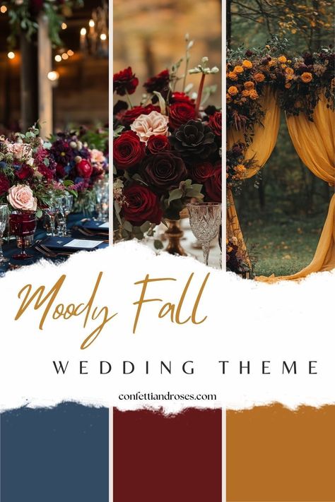 [Sponsored] Looking For Ideas To Create The Perfect Moody Fall Wedding? Explore Enchanting Decor, Lush Flowers, And Warm, Inviting Colors That Capture The Essence Of Autumn. These Table Settings And Floral Arrangements Will Transform Your Venue Into A Romantic, Autumnal Wonderland, Ideal For An Unforgettable Celebration. #autumnweddingflowersoctober Rustic Fall Wedding Place Setting, Moody Wedding Centerpieces Diy, October Wedding Themes Color Schemes, Burnt Orange And Burgundy Wedding Centerpieces, Autumn Wedding Mood Board, Classy Fall Wedding Colors, Fall Wedding Moody, Romantic Jewel Tone Wedding, Fall Wedding Centrepiece