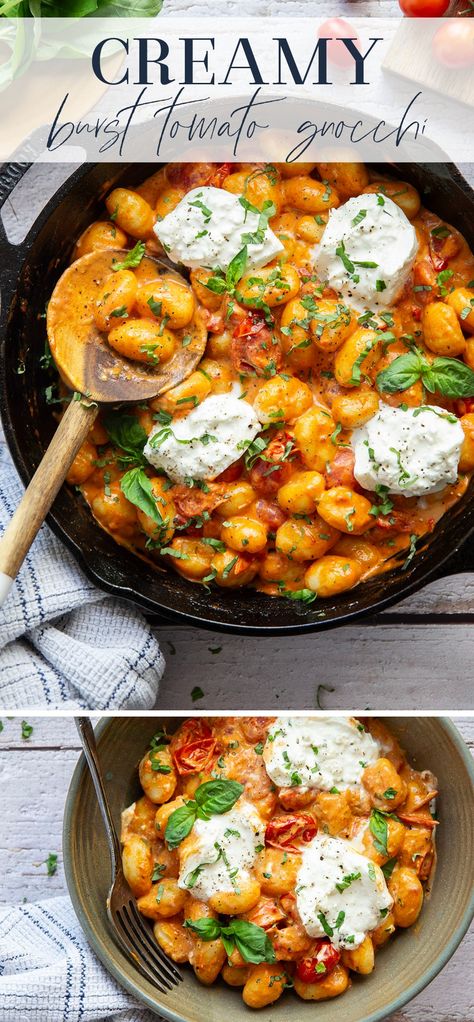 A creamy fresh cherry tomato sauce coats every inch of pillowy gnocchi in this summery burst tomato gnocchi that's topped with lots of fresh basil and rich burrata cheese. Gnocchi Tomato Cream Sauce, Gnocchi And Burrata, Gnocchi Pesto Burrata, Gnocchi With Red Sauce, Burrata Gnocchi, Summer Gnocchi, Burrata Recipes, Tomato Basil Recipes, Gnocchi Recipes Healthy