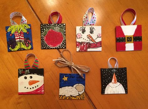 Mini Canvas Ornaments Canvas Christmas Ornaments Diy, Christmas Canvas Ornaments, Small Canvas Ornaments, Mini Canvas Ornaments Diy, Tiny Canvas Christmas Paintings, Small Canvas Paintings Christmas, Christmas Mini Canvas Ideas, Small Canvas Christmas Ornaments, Canvas Ornaments Painted