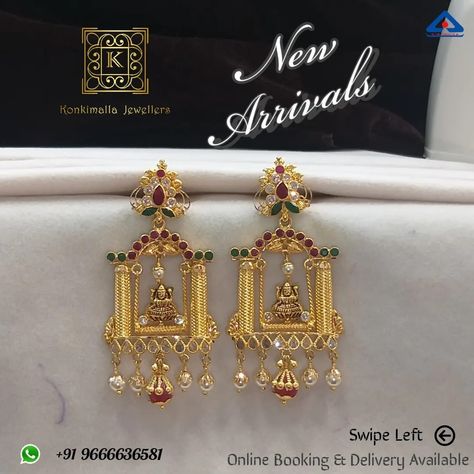 #KJ_G542 Net Weight: up to 14 grams Item : Hangings Fb, Insta, Pinterest: @konkimalla.jewellers Laxmi Devi Earrings Gold, Bangles Gold Design, Pretty Gold Necklaces, Gold Jewelry Prom, Ear Tops, Cutwork Blouse, Bridal Necklace Designs, Gold Jewelry Outfits, Gold Bead Earrings