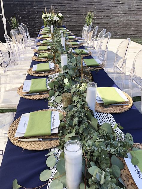 Green And Blue Party Decor, Blue And Green Birthday Theme, Blue And Green Tablescapes, Navy Blue And Sage Green Wedding Table Decor, Green Brunch Decor, Blue And Green Graduation Party, Navy Table Setting, Navy Tablescape, Lobola Decor