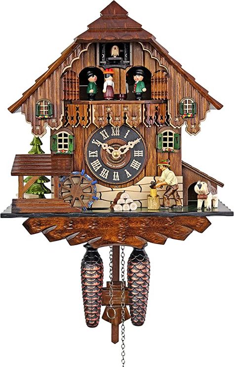 Engstler Adolf Herr Quartz Cuckoo Clock - The Busy Wood Chopper Clock Decor Living Room, Wood Chopper, Black Forest House, Coo Coo Clock, Shingled Roof, Cuckoo Clocks, Water Wheel, Forest House, Clock Decor