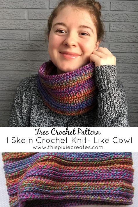 I love the look of knit garments, but no matter how hard I try, I can't teach myself to knit. If you're like me, you'll love this easy 1 skein crochet cowl that uses basic crochet stitches to create a knit-like look. Go grab your most colourful skein of yarn, and let's get started! Crochet Projects With Wool Yarn, Neck Warmers Crochet Free, Simple Crochet Cowl Pattern Free, One Skein Crochet Cowl, Easy Crochet Cowl Pattern Free Simple, Crochet Cowl Pattern Free One Skein Infinity Scarfs, 1 Skein Crochet Projects Free Pattern, Crochet Neck Cowl, 10mm Crochet Hook Pattern