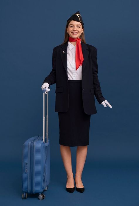 Free Photo | Portrait of flight attendant with luggage Airline Photography, Walking References, Airline Company, Fairytale Dress, Cabin Crew, Flight Attendant, Design Graphique, Free Photo, Airlines