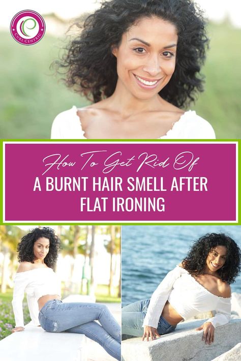 Burnt hair smell may not be that harmful, but is sure is annoying to have hanging around. Here's how to get rid of the smell after flat ironing - click to continue. Burnt Hair Smell, Curling Iron Burn, Curly Hair Regimen, Smelly Hair, Curly Hair Growth, Take Care Of Your Hair, Burnt Hair, Transitioning Hairstyles, Curly Hair Types