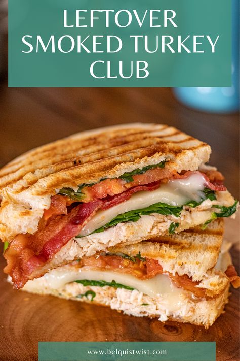 This delicious club sandwich was made with thanksgiving smokeed turkey leftovers. A perfect way to repurpose that yummy turkey! Leftover Smoked Turkey, Sandwich Meals, Turkey Sandwiches Recipes, Turkey Leftovers, Turkey Club, Best Sandwich Recipes, Panini Recipes, Panini Sandwiches, Turkey Sandwich