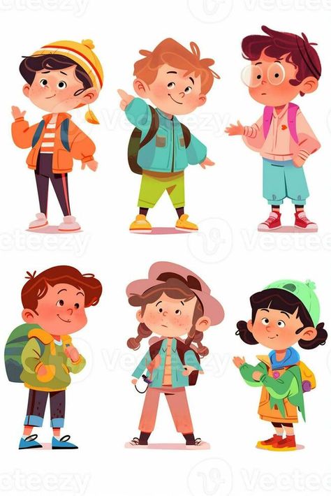 cartoon children with backpacks and backpacks are standing and talking. generative ai. Children Storybook Illustration, Kid Illustration Character, Children Illustration Character, Kid Character Design, Kids Book Illustration, Children's Book Characters, Backpack Art, Book Illustration Design, Story Books Illustrations