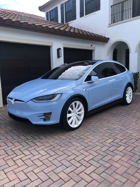 Tesla Model S Blue, Tesla Custom Paint, Blue Tesla Aesthetic, Aesthetic Car Colors, Light Blue Car Aesthetic, Tesla Model Y Blue, Tesla Model X Wrap, Wrapped Tesla Model 3, Tesla Wraps Model Y