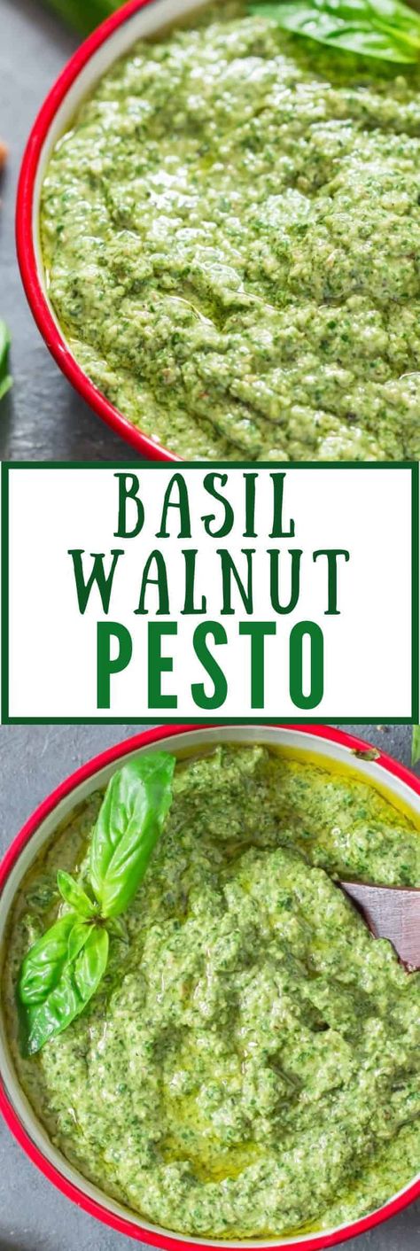 resh basil walnut pesto is easy and delicious vegan pesto that swaps the pricey pinenut with walnut. A great recipe to grab all the fresh basil from your garden patio and turn into a pesto that can be put to use in so many different ways. #basilpesto #recipe #vegan #basil #pestorecipe #homemadepesto #pasta #lemon #summerrecipes #summerpesto #summersauce #pasta Basil Walnut Pesto, Healthy Dip, Dip Sauce, Walnut Pesto, Tasty Meals, Vegan Pesto, Healthy Dips, Homemade Pesto, Pesto Recipe