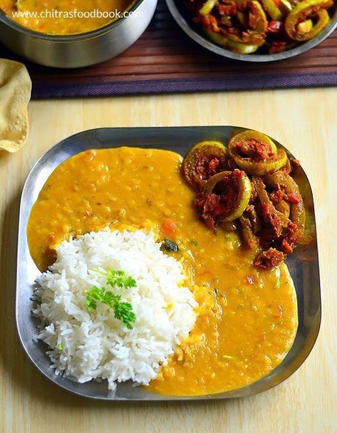 Thali Ideas, Eggless Baking Recipes, Lunch Platter, Dal Fry Recipe, Daal Chawal, South Indian Vegetarian Recipes, Snake Gourd, Khana Khazana, Dal Fry