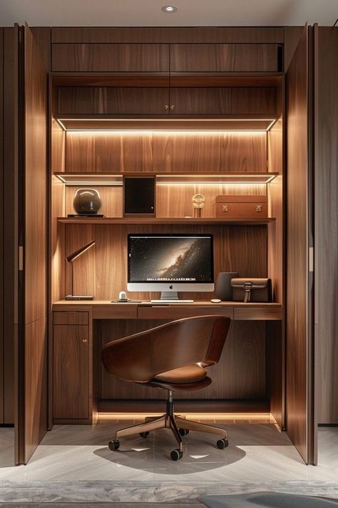 29 Clever Hidden Desk Ideas to Maximize Your Workspace - DeskHive Hideaway Work Station, Compact Interior Design, Desk Design Ideas Bedrooms, Hidden Office In Bedroom, Study Area In Bedroom, Hidden Office Space, Hidden Office In Living Room, Hidden Desk Ideas, Hidden Workspace