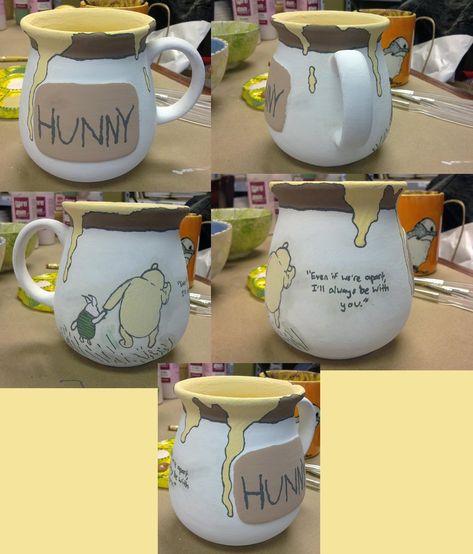 Funny Mug Painting Ideas, Winnie The Pooh Pottery Painting, Painted Earth Pottery Ideas, Drawing On Mugs, Clay Cafe Painting Ideas, Rainbow Ceramics, Book Pottery, Clay Cafe, Winnie The Pooh Mug